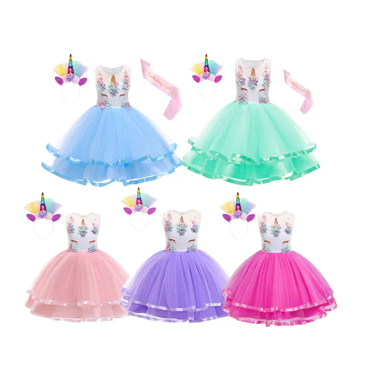 Unicorn Costume Princess Dress Fancy Dress with Necklace Headband for Kids Toddlers Birthday Cosplay Halloween Party