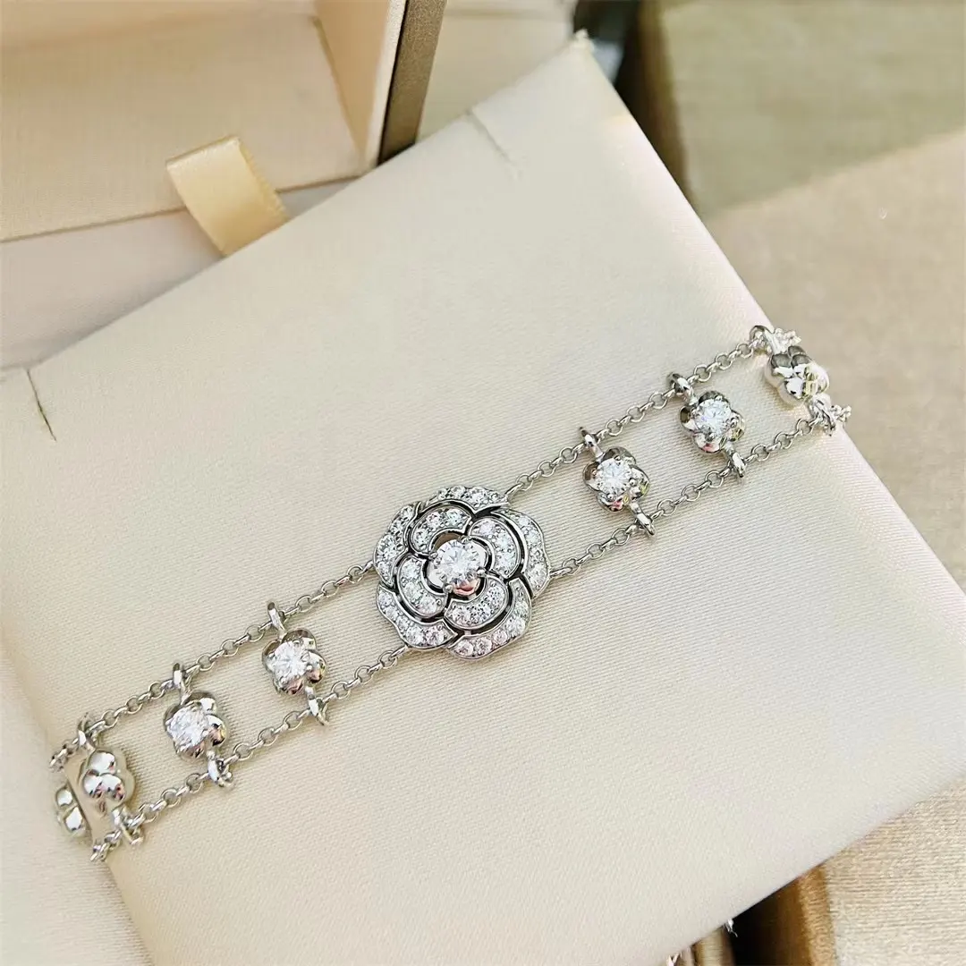 Amellia-pulsera de diamantes de plata s925 para mujer, brazalete de plata con doble cadena y cremallera