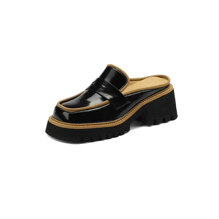 Passen Sie dicke Plattform klobige Schuhe Frauen Absatz Sandalen Square Toe Echtes Leder Großhandel Hausschuhe