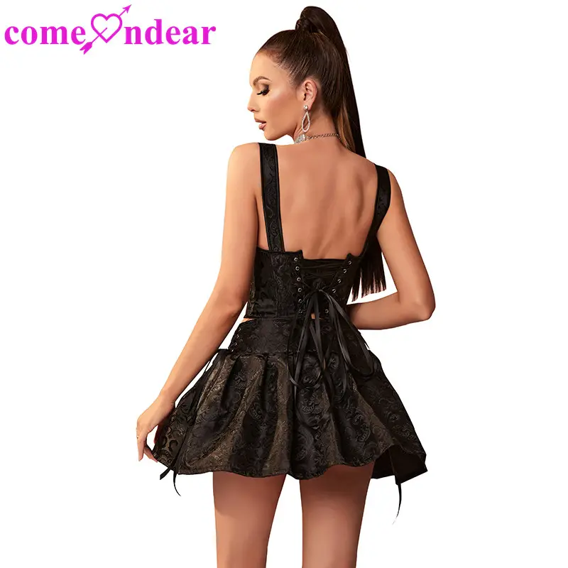 12 piezas de huesos de plástico negro corsé sexy jacquard al por mayor corsé tirantes corsé vestido con falda