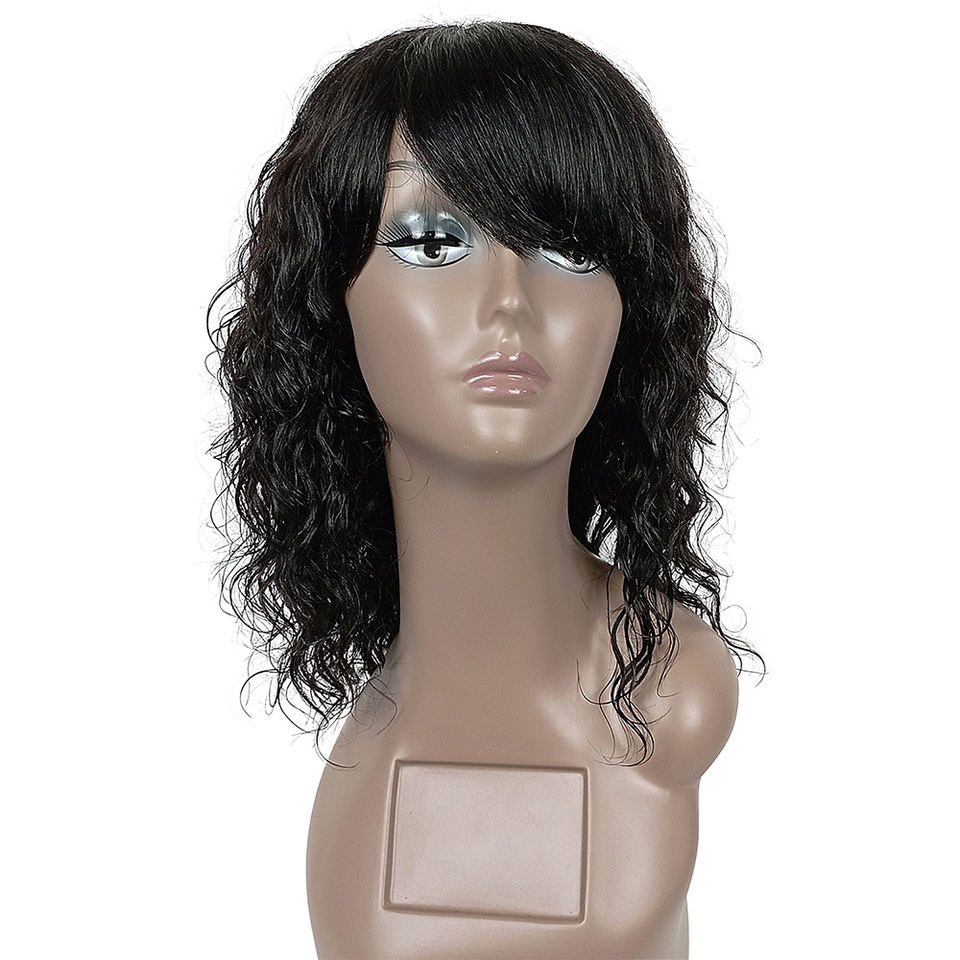 Machine-Made 12-Inch Medium Length Lace Bob Bangs Loose Style Remy Brazilian Full Wig for Women Loose Wave Curly Wig