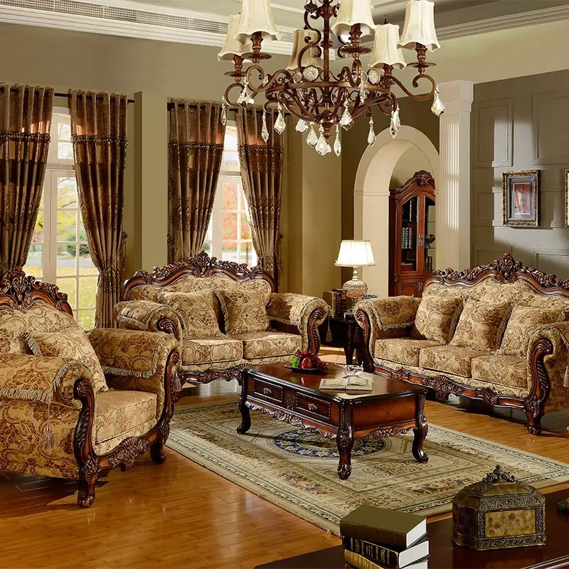 Sofá de tecido europeu clássico 123 Set Living Room U-tipo Retro American Sólida Carving Fabric Sofa Set