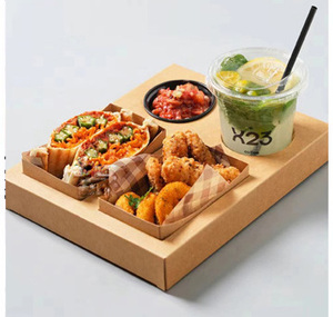 IMEE bölünmüş Kraft Fast <span class=keywords><strong>Food</strong></span> içecek tutucu Burger sandviç kutusu ile fincan kolay katlanır kaplamalı kağıt yönlü yemek tepsisi