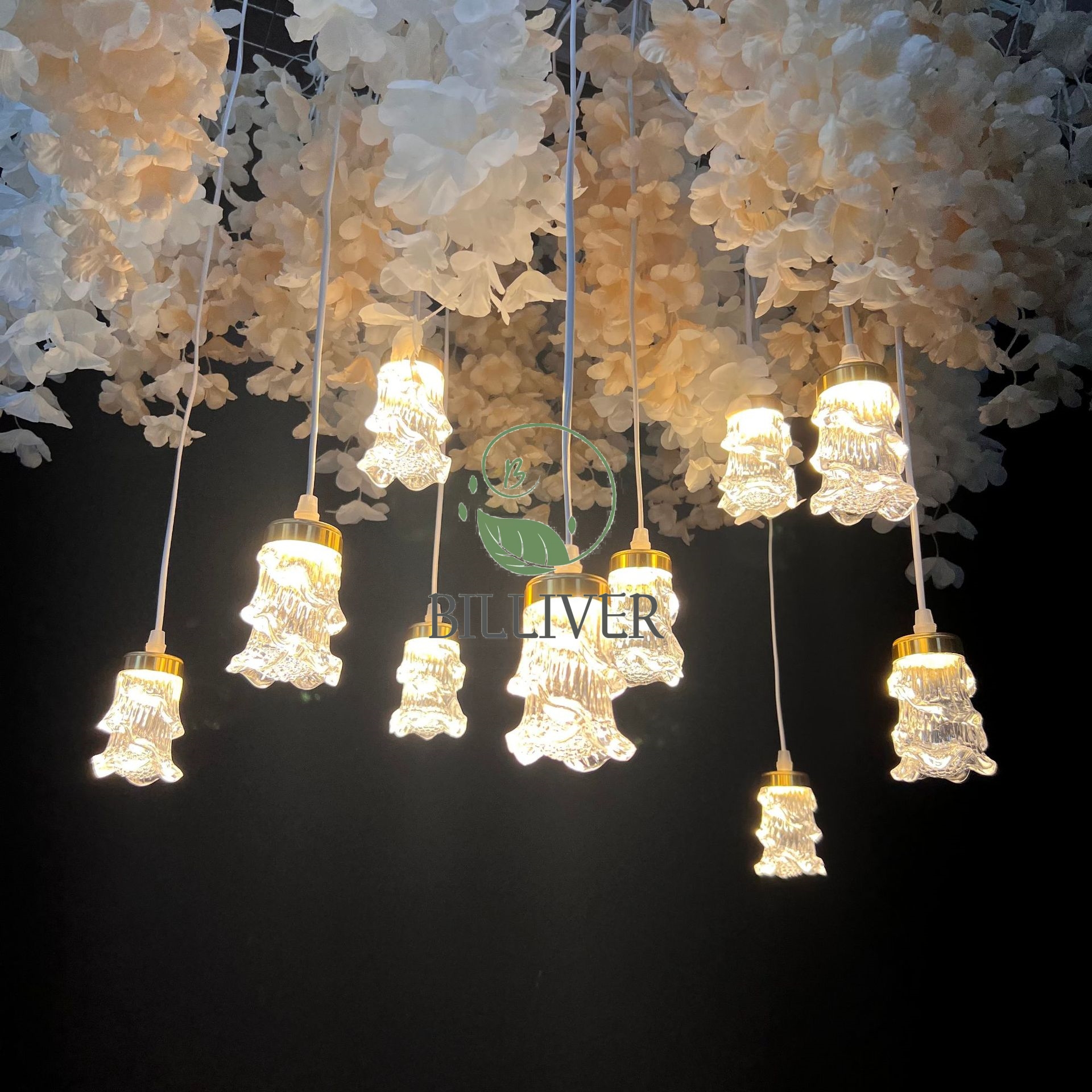 10 têtes de fleurs transparentes colonne lustres doré lumière chaude