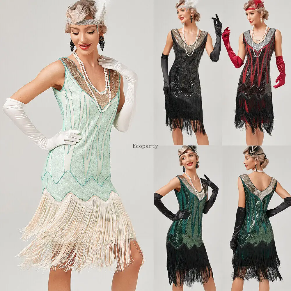 Señoras 1920s Vintage lentejuelas Flapper vestido gran Gatsby fiesta cóctel traje noche bata vestidos ecoparty