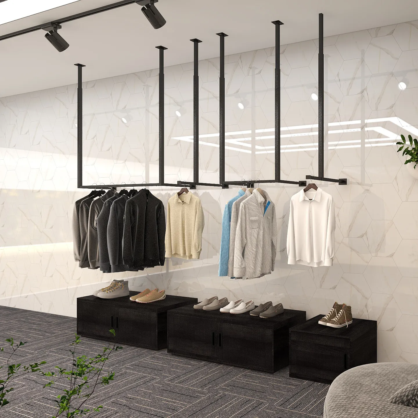 Cabide de parede luxuoso moderno, expositor de roupas de aço inoxidável 201 para loja de roupas