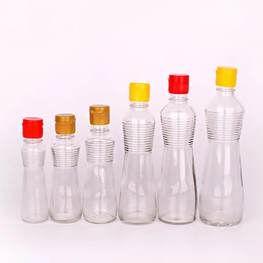 Bottiglie di vetro di aceto di salsa vuota di woozy da 150 ml rotonde trasparenti all'ingrosso da 5 once 12 once con tappo a vite in plastica