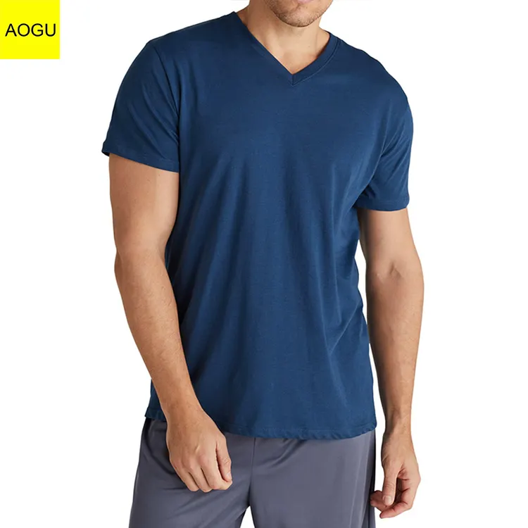 AOGU-Camiseta deportiva de algodón con cuello en V para hombre, camisa informal de Color sólido en blanco, 95% algodón, 5% licra, 100 Uds.