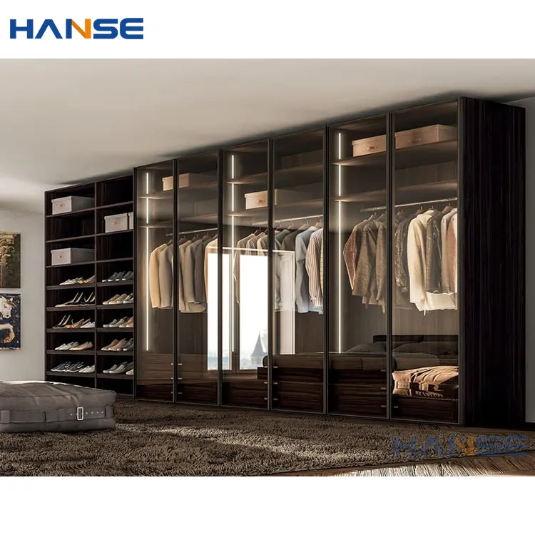 Armarios de almacenamiento de ropa modernos, conjunto de muebles, dormitorio personalizado, puerta de cristal de aluminio, vestidor de madera, diseño de armario