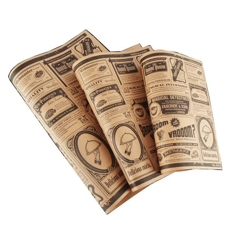 食品グレードの環境にやさしいバーガーワックス紙クラフトデリ紙新聞デザイン印刷された耐油紙