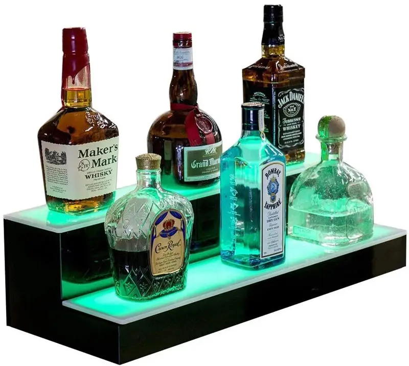 Estante de exhibición de botellas de licor con luz LED personalizado, con Control remoto, 2 escalones, 4 Acrílico