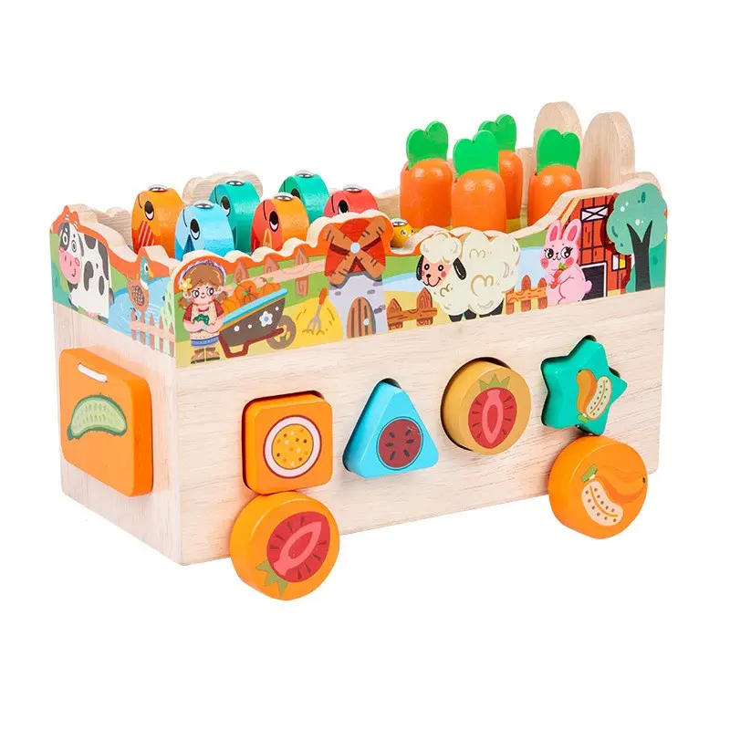 Montessori bambini in legno Multi-funzionale Farm Car forma di corrispondenza cognitiva pesca carota tirando in legno giocattolo educativo precoce