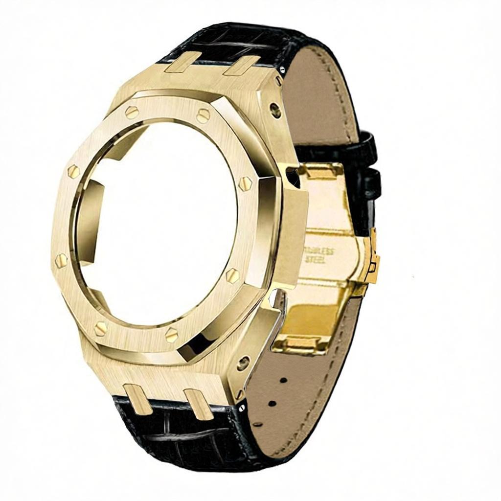 boîtier doré bracelet en cuir noir