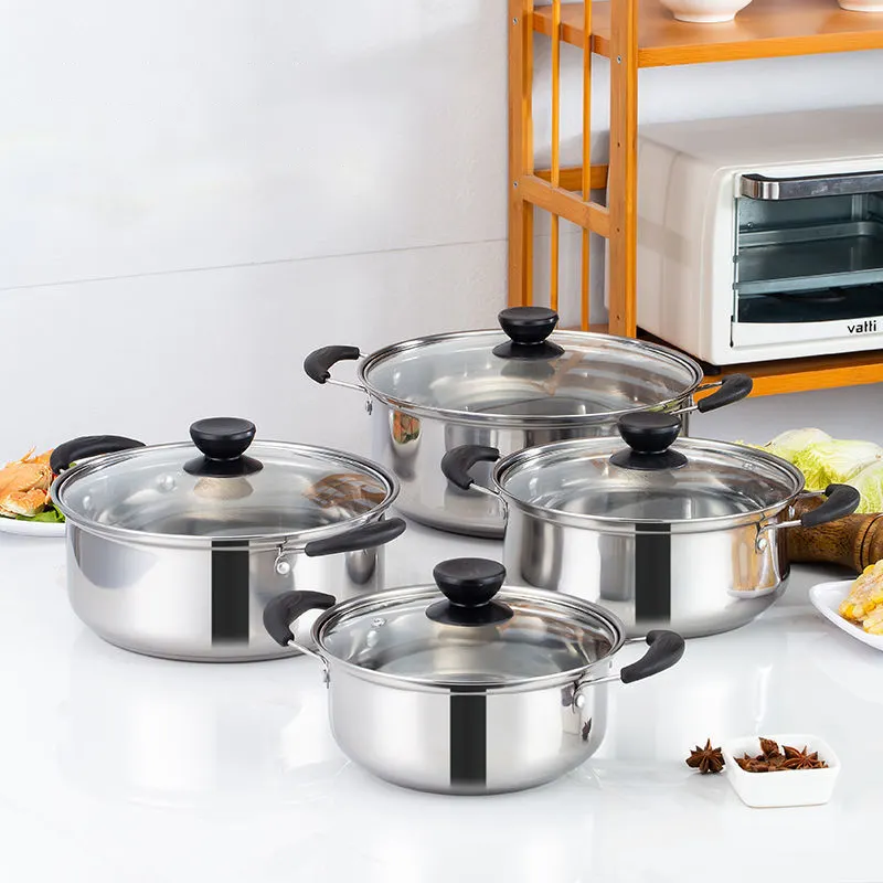 Fabbrica diretta cucina calore cottura pentola addensare in acciaio inox casa pentola per il latte 6 pezzi set di pentole per zuppa con coperchio trasparente