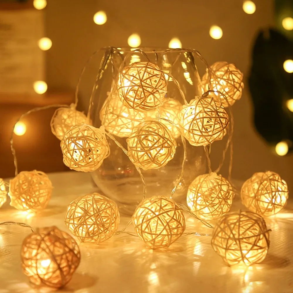 Warmwitte Kerstverlichting Op Batterijen Buiten Bruiloftsfeestzaal Decoratief Fairy Led Rotan Ball String Licht