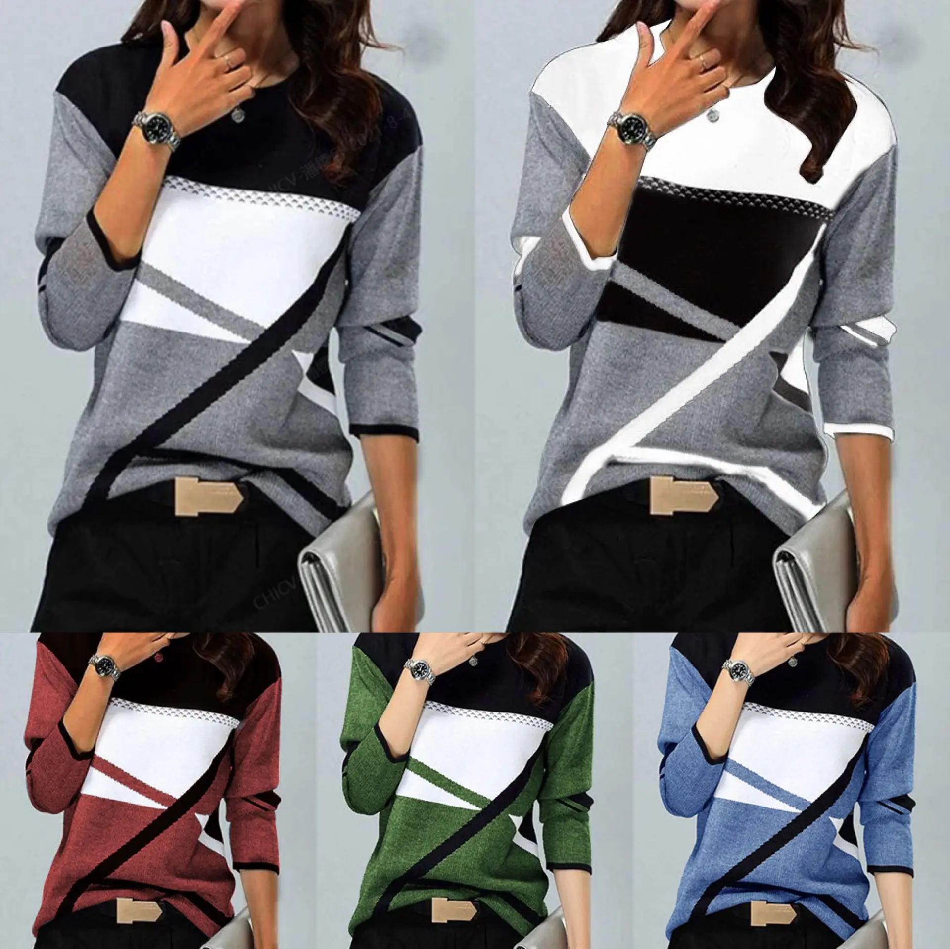 2021 cross-border women's clothing blouse supports all platforms to sell new hit color printing round neck long-sleeved T-shirts