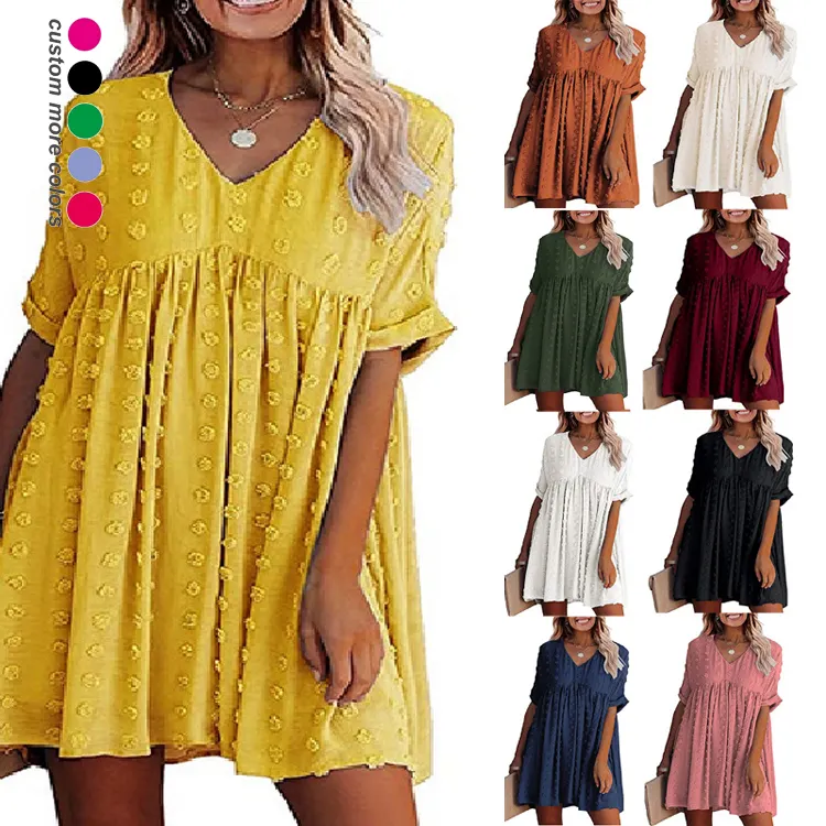 Venta al por mayor vestido de verano vestido Casual más tamaño flojo con cuello en V de empalme manga corta gasa pelota Mini vestidos de las mujeres