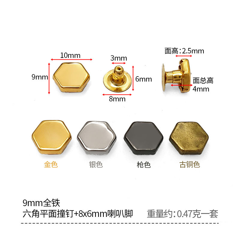 Perno hexagonal plano de hierro de 9 mm con un juego de patas acampanadas de 8x6 mm.