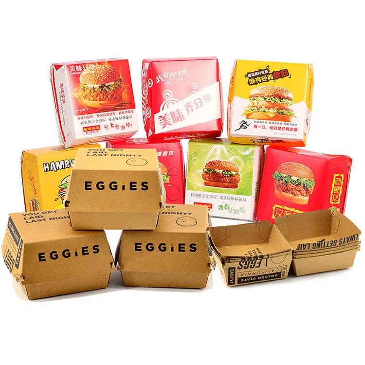 कस्टम डिस्पोजेबल क्लैमशेल फूड पैकेजिंग क्राफ्ट पेपर फूड ग्रेड पैकेजिंग बर्गर बॉक्स बर्गर फूड बॉक्स पैकेजिंग हैमबर्गर बॉक्स