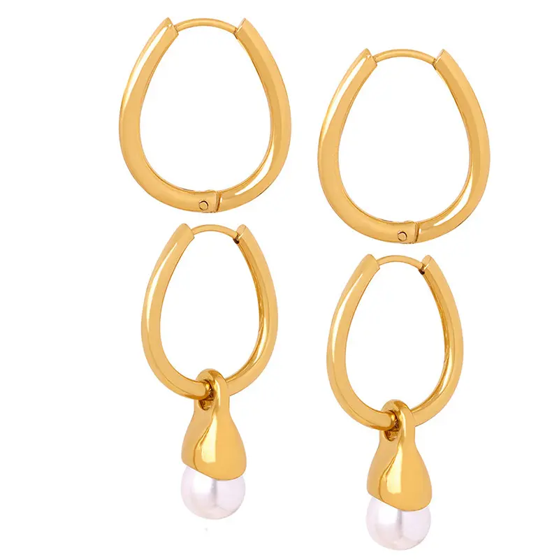Brincos de argola de ouro com pérolas artificiais geométricas de aço inoxidável, joia de uso diário elegante para mulheres, moda de moda