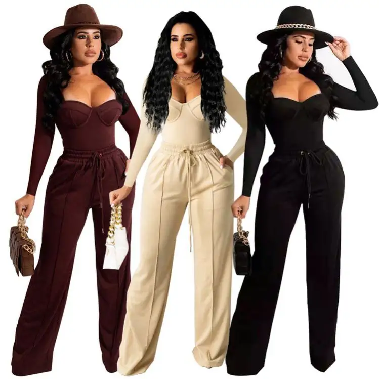 2023 Spring New Women's Clothing Two Piece Set Women Clothes Low Cut Crop Top Wide Leg Bell Bottoms Sets Womens 2 Piece Outfit