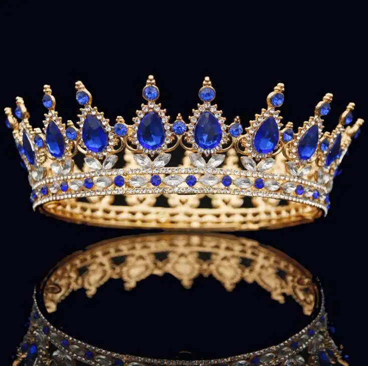 Peças de cabeça da princesa king e queen, coroa para noiva, cabelo de noiva, joias de cristal azul, redondo, 2020