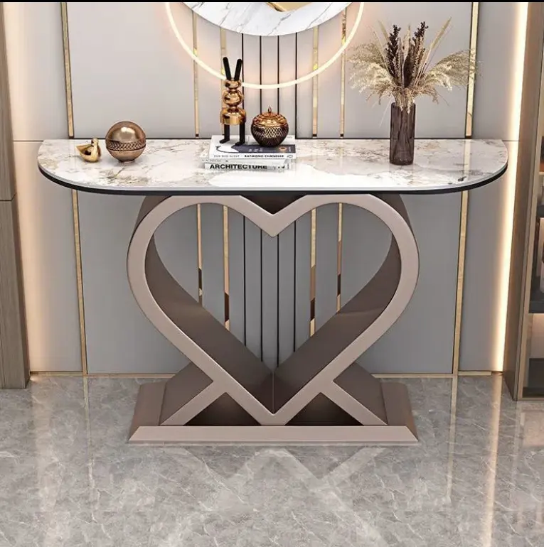 Console Simple décorative à Long couloir, Table en marbre, Base en métal or noir, Table pour salon