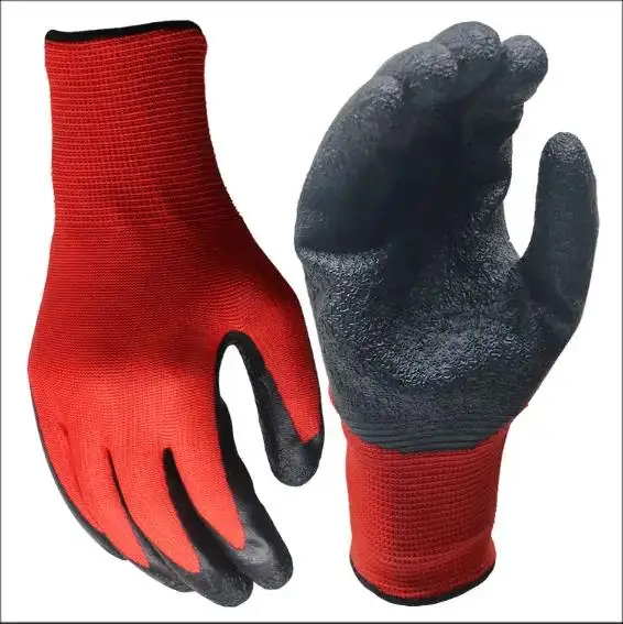 Uitstekende Grip Antislip Industriële Rode Nylo N Liner Handschoen Crinkle Latex Gecoate Bouwwerkhandschoenen