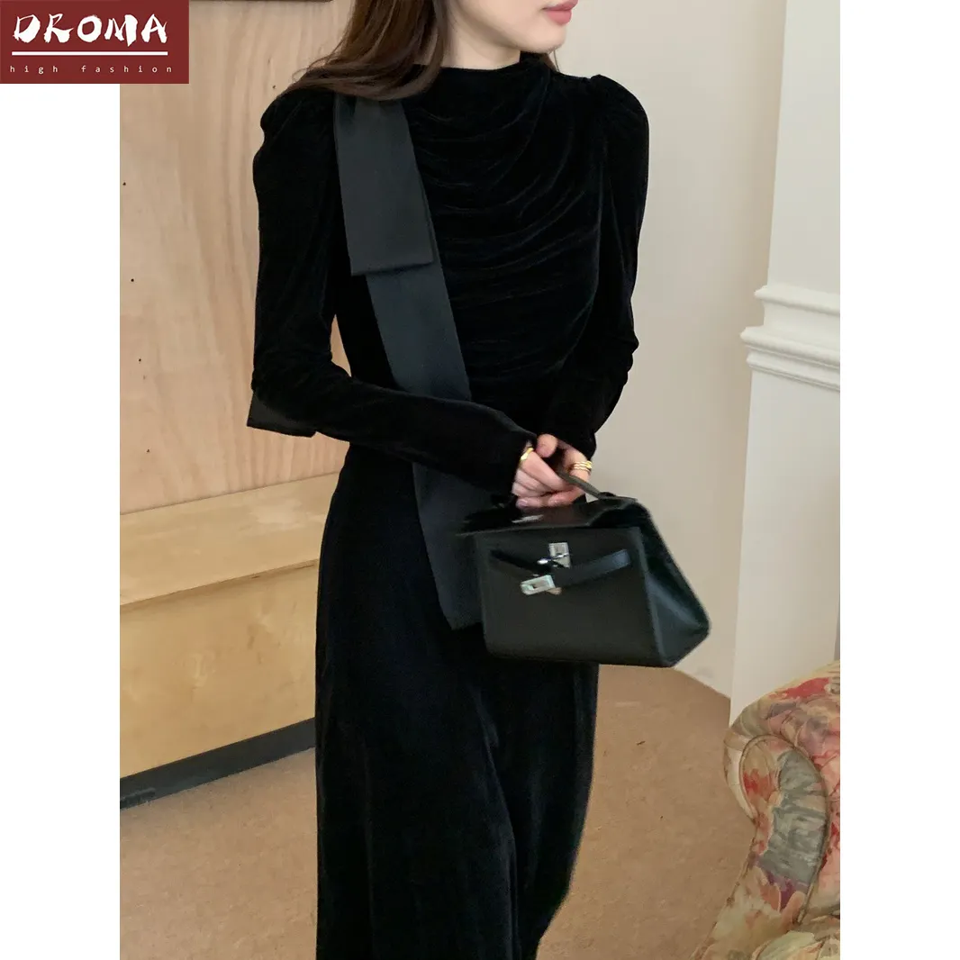 Droma imagen real elegante negro volante adelgazamiento encaje hasta el cuello alto manga larga clásico vestido francés para mujer