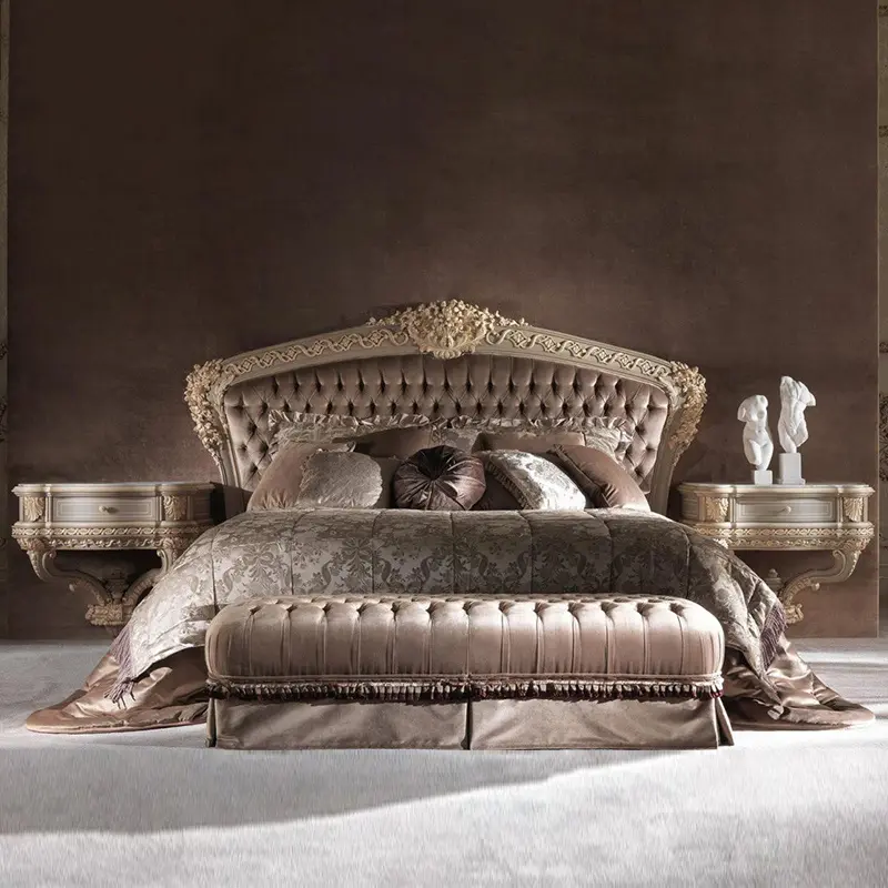 OE-FASHION مخصصة الملكي خشب متين نحت الكلاسيكية زر رمادي النسيج هيكل سرير للأثاث المنزل
