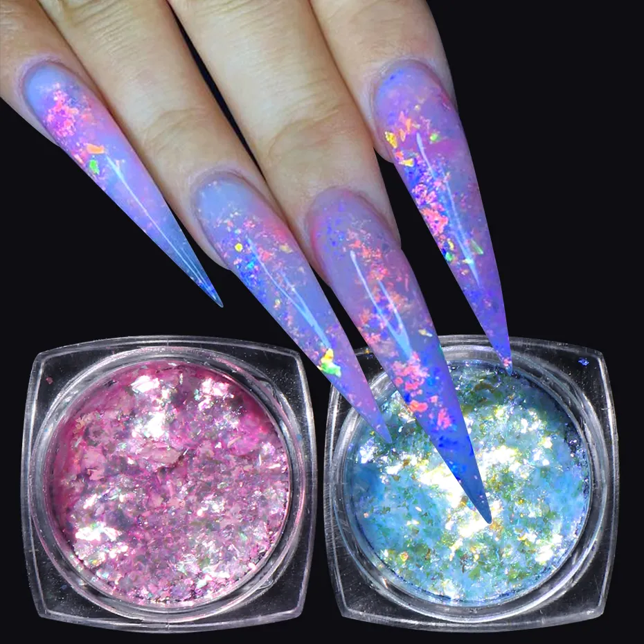Shiny Aurora Opal Powder Nail Flake Pink Blue Holographic Glitter per Nail Design Ice Foil Shimmer Manicure Decoration