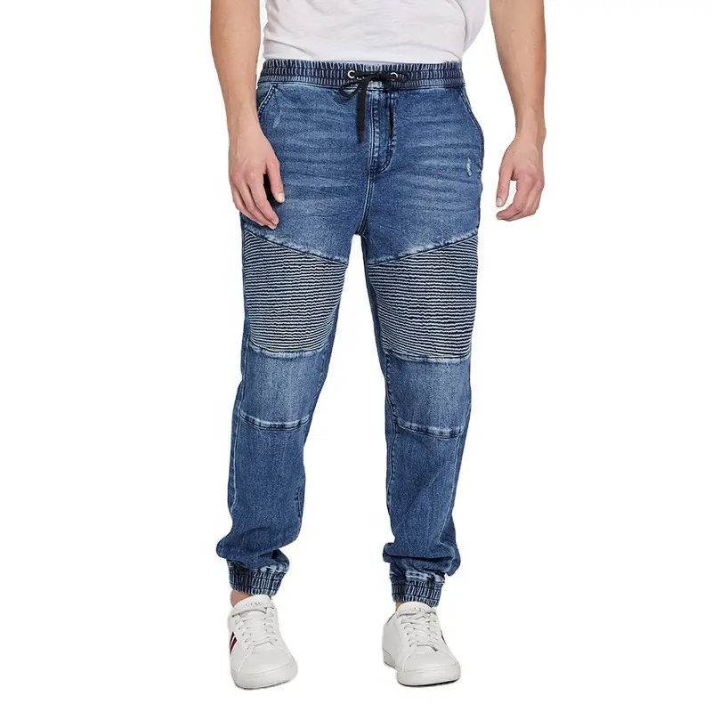 Elástico rasgado Skinny Biker Jeans parte inferior elástica lavado denim pintuck cordão cintura punhos elásticos denim Jea