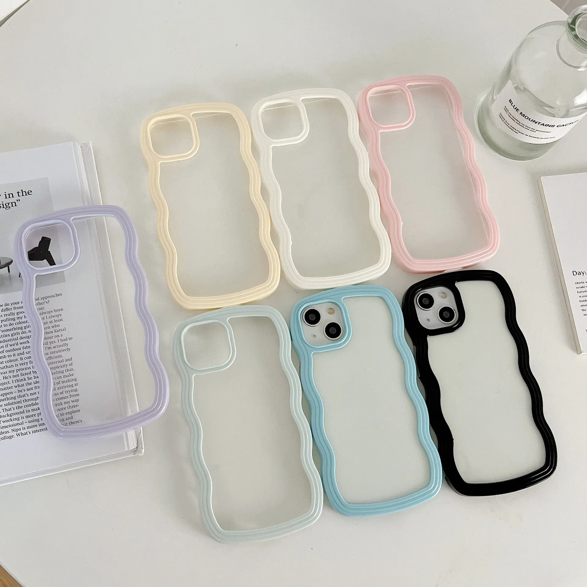 ins fashion wave phone case for iphone 15 pro max 14 13 12 7/8G transparent case airbag drop-resistant 2 in 1 phone case