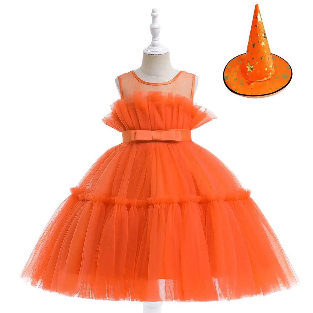 Mk girl-vestido de princesa de calabaza para Halloween, traje de fiesta naranja