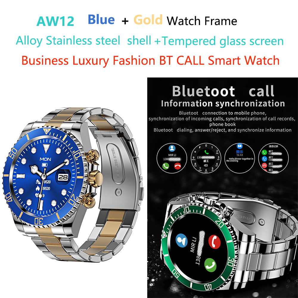 AW12-smart-watch-aw12 en acier inoxydable bleu + or