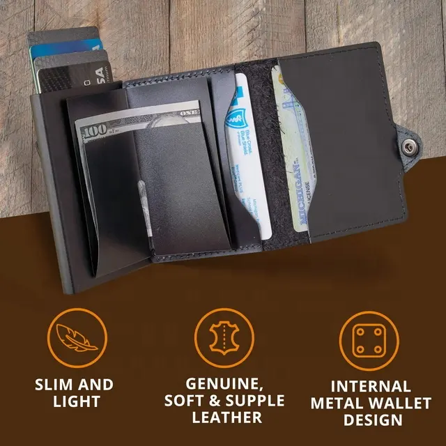 Minimalist pop up leather men RFID blocking slide wallet designers label men smart wallet