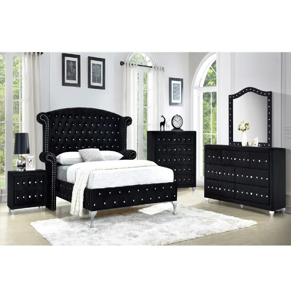 Set camera da letto dell'hotel Design moderno camera da letto completa Set lussuoso velluto grigio King camera da letto mobili California King Size Bed