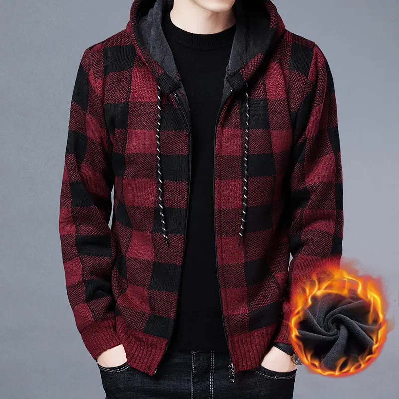 2023 Winter Fleece Hooded Knit Coat Outdoor Thick Plaid Long Sleeve Slim Fit Zipper Cardigan Men Sweater