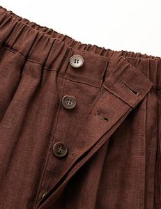 2025 Calças de cintura alta de linho das mulheres Brown perna larga calças com dupla cintura plissada cintura alta cinto Loops personalizados para o verão