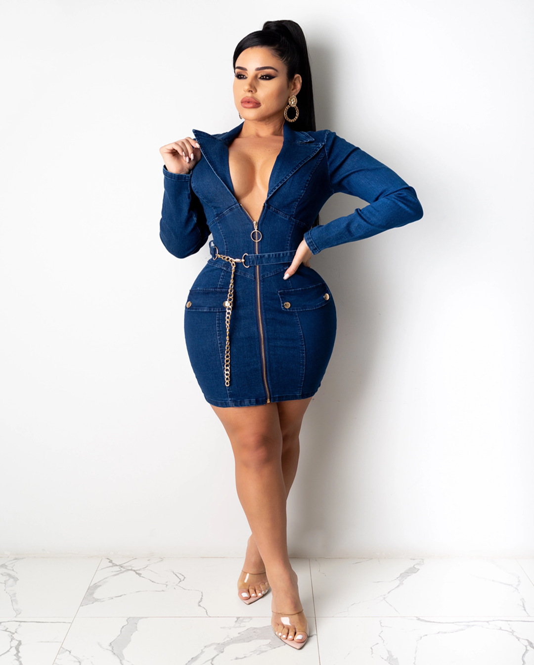 2021 summer new trend denim dress V-neck sexy slim zipper denim skirt