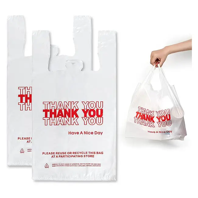 11 X20 Zoll T-Shirt Lebensmittel-Einkaufstasche durchführen Danke Kunststoff T-Shirt Griff Einkaufstaschen für Supermarkt Restaurant To Go Taschen