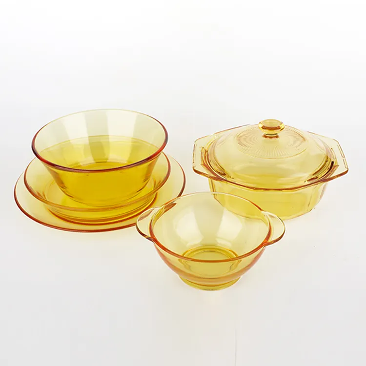 उच्च गुणवत्ता वाले खाद्य-ग्रेड पीले रंग के ग्लास टेबलवेयर खाद्य सलाद के लिए नियमित स्टॉक ग्लास बाउल सेट, गर्म बिकने वाले ग्लास बरतन