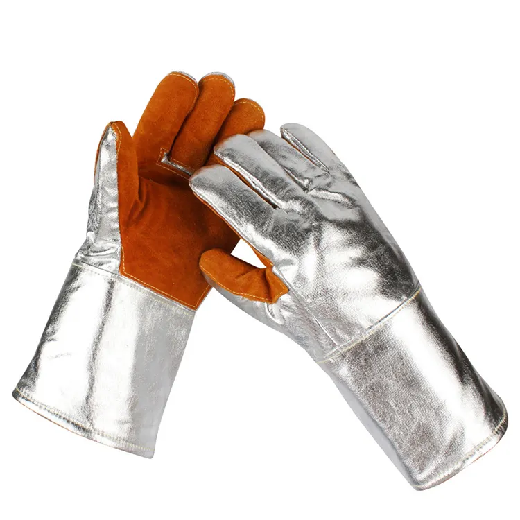 Logo personnalisé EPI en feuille d'aluminium Gants de travail en cuir de vachette fendu résistants au feu à 500 degrés Soudage manuel de protection Soudeur Sécurité