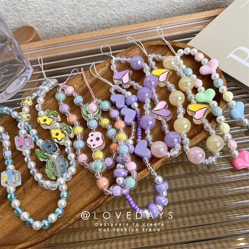MYLULU YiWu Market Agent candy color lanyard mobile phone charms chain pure hand-beaded wrist rope short pendant accessories