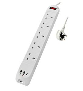 ซ็อกเก็ต UK 5วิธี13A 250V พร้อม1 Type C 2ประเภทสนับสนุน pd/qc 3.0 Max.20W ชาร์จเร็วพร้อมสวิตช์ H05VV-F 3G1.25mm2x1.0m - Product Image 1