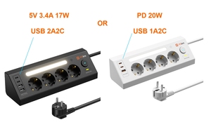 Regleta de alimentación de escritorio Enchufe múltiple de 4 vías con USB y 2 enchufes tipo C Max de 3680 W con 1 interruptor Protección contra sobretensiones con luz LED - Product Image 2