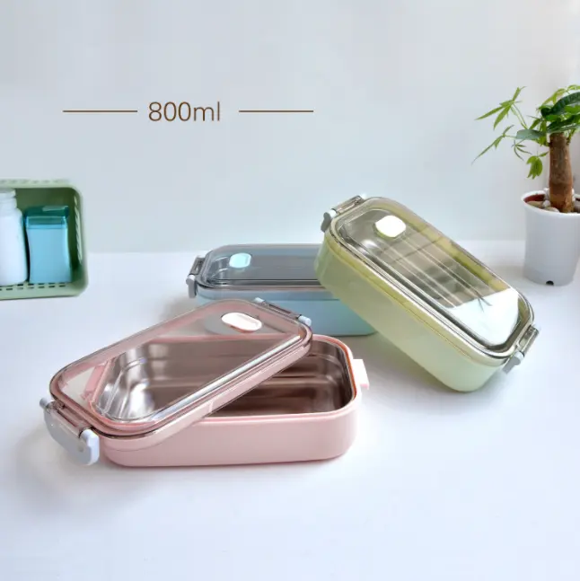 Stainless steel inner plastic outer double wall reusable microwave bento keep warn lunch box