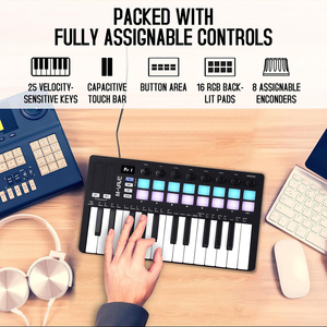Controlador de teclado MIDI USB de 25 teclas, con 16 almohadillas de batería retroiluminadas, Bluetooth, semipesado, teclado dinámico profesional - Product Image 6