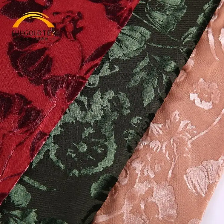 Hejin venta al por mayor estiramiento Poly Floral Burnout terciopelo Jacquard tejido poliéster terciopelo para mujer ropa Abaya vestido