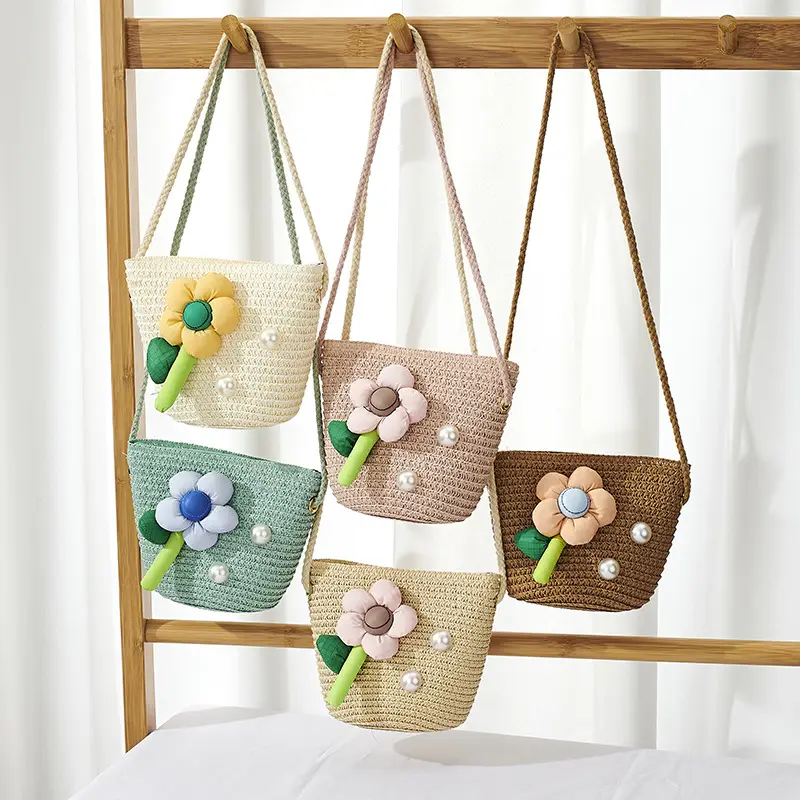 Wholesale Handmade Beach Bag For Kids Summer Woven Purse Cute Shoulder Crossbody Bags For Girl Straw Handbag